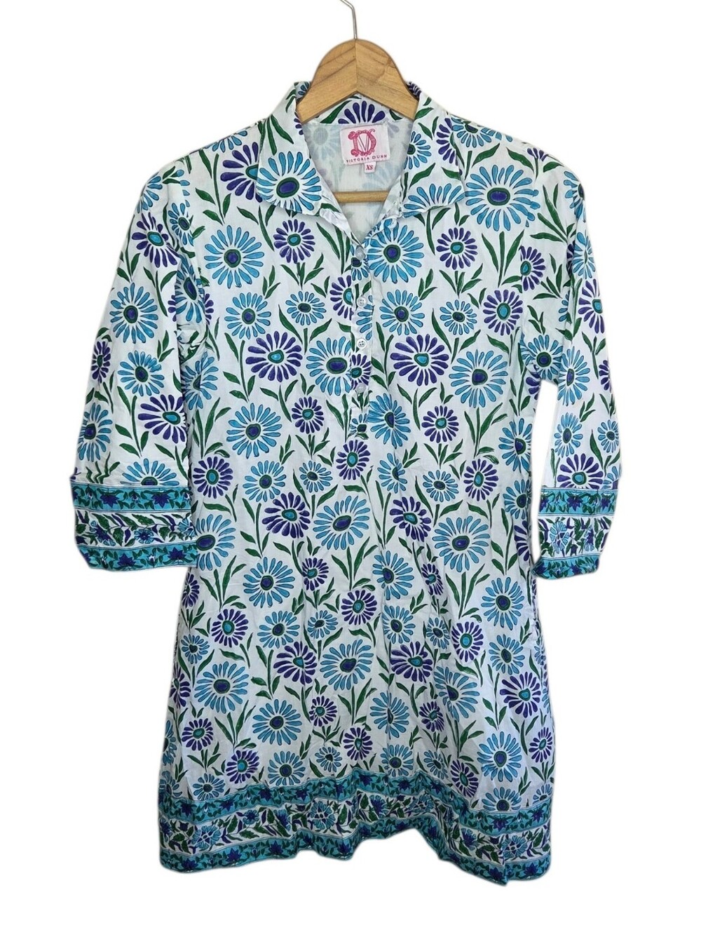 Victoria Dunn 3/4 Sleeve Blue Green Purple Floral Print Dress Size XS Boho